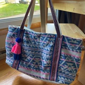 EUC Large Girly Tribal Pattern Blue Cream & Pink Tote